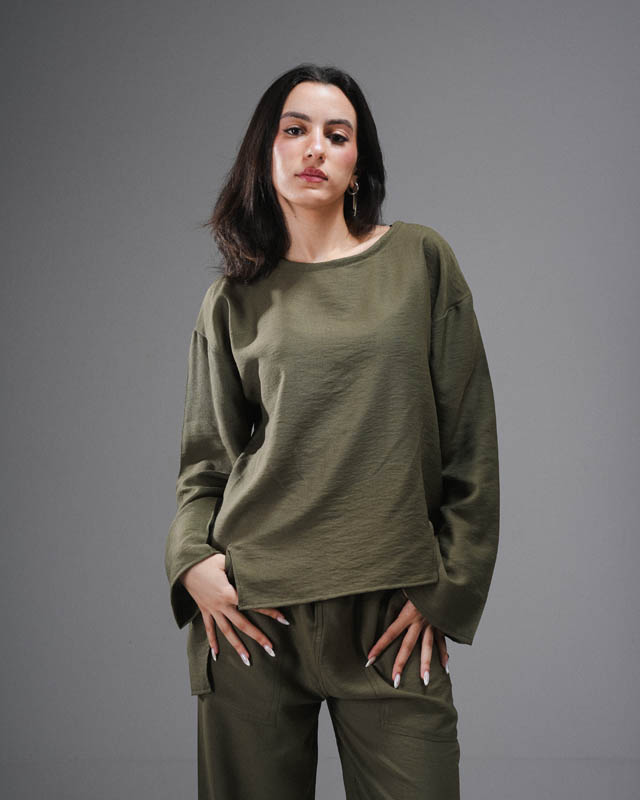 Olive  Linen Set Of Top and Pants