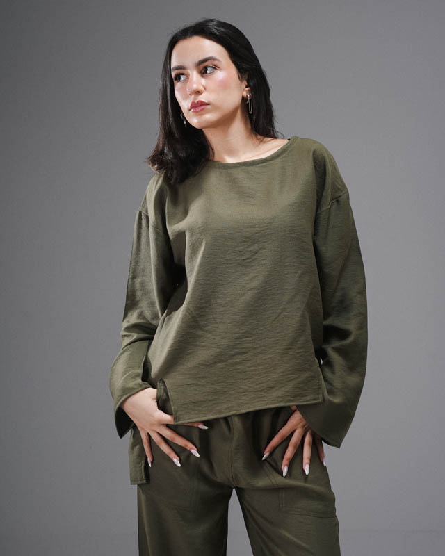 Olive  Linen Set Of Top and Pants